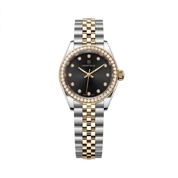 Noura Two-Tone Silver & 5-Micron Gold-Plated Bracelet Black Dial Premium Zircon 27mm Women’s Swiss Quartz Watch by MONTEVA