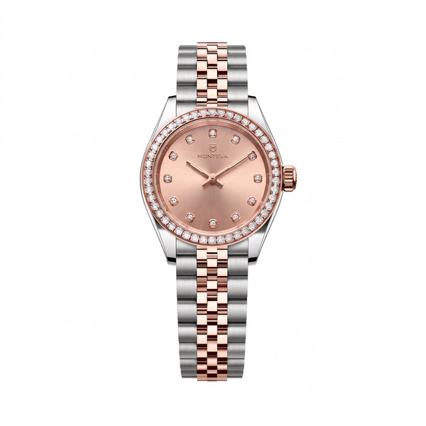 Noura Two-Tone Silver & 5-Micron Rose Gold-Plated Bracelet Champagne Dial Premium Zircon 27mm Women’s Swiss Quartz Watch by MONTEVA