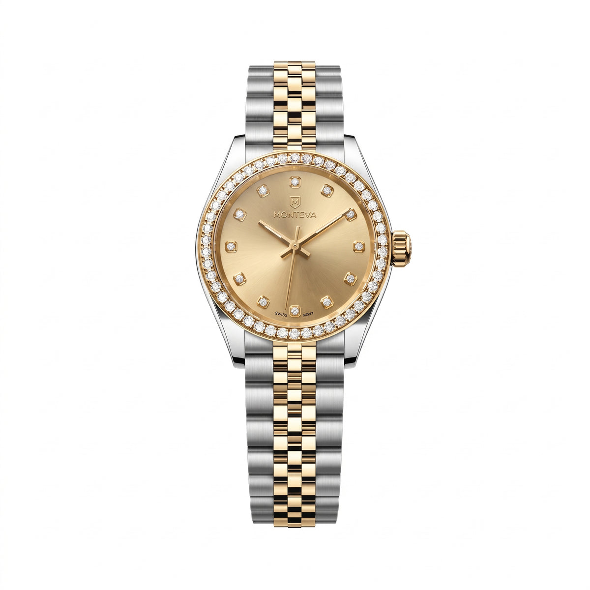 Noura Two-Tone Silver & 5-Micron Gold-Plated Bracelet Champagne-Gold Dial Premium Zircon 27mm Women’s Swiss Quartz Watch by MONTEVA