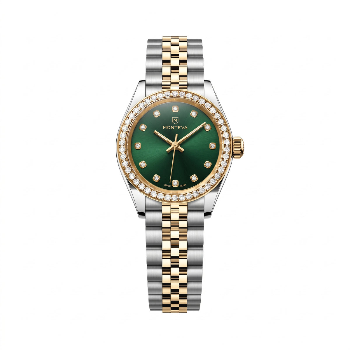 Noura Two-Tone Silver & 5-Micron Gold-Plated Bracelet Emerald Green Dial Premium Zircon 27mm Women’s Swiss Quartz Watch by MONTEVA