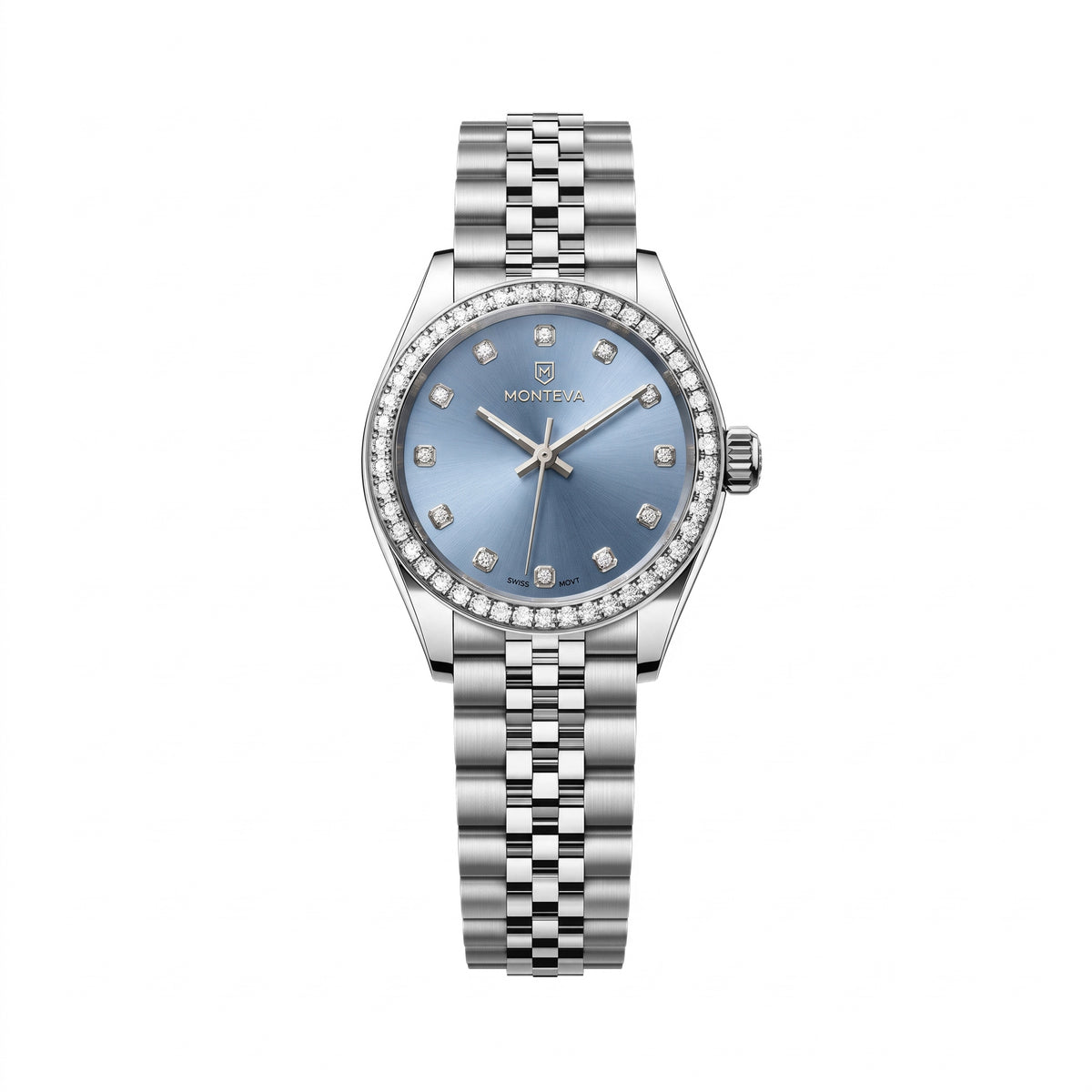 Noura Silver Stainless Steel Bracelet Ice-Blue Dial Premium Zircon 27mm Women’s Swiss Quartz Watch by MONTEVA