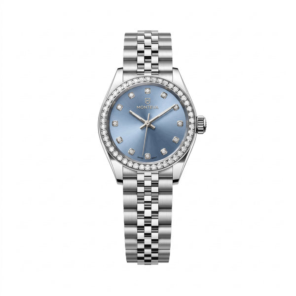 Noura Silver Stainless Steel Bracelet Ice-Blue Dial Premium Zircon 27mm Women’s Swiss Quartz Watch by MONTEVA