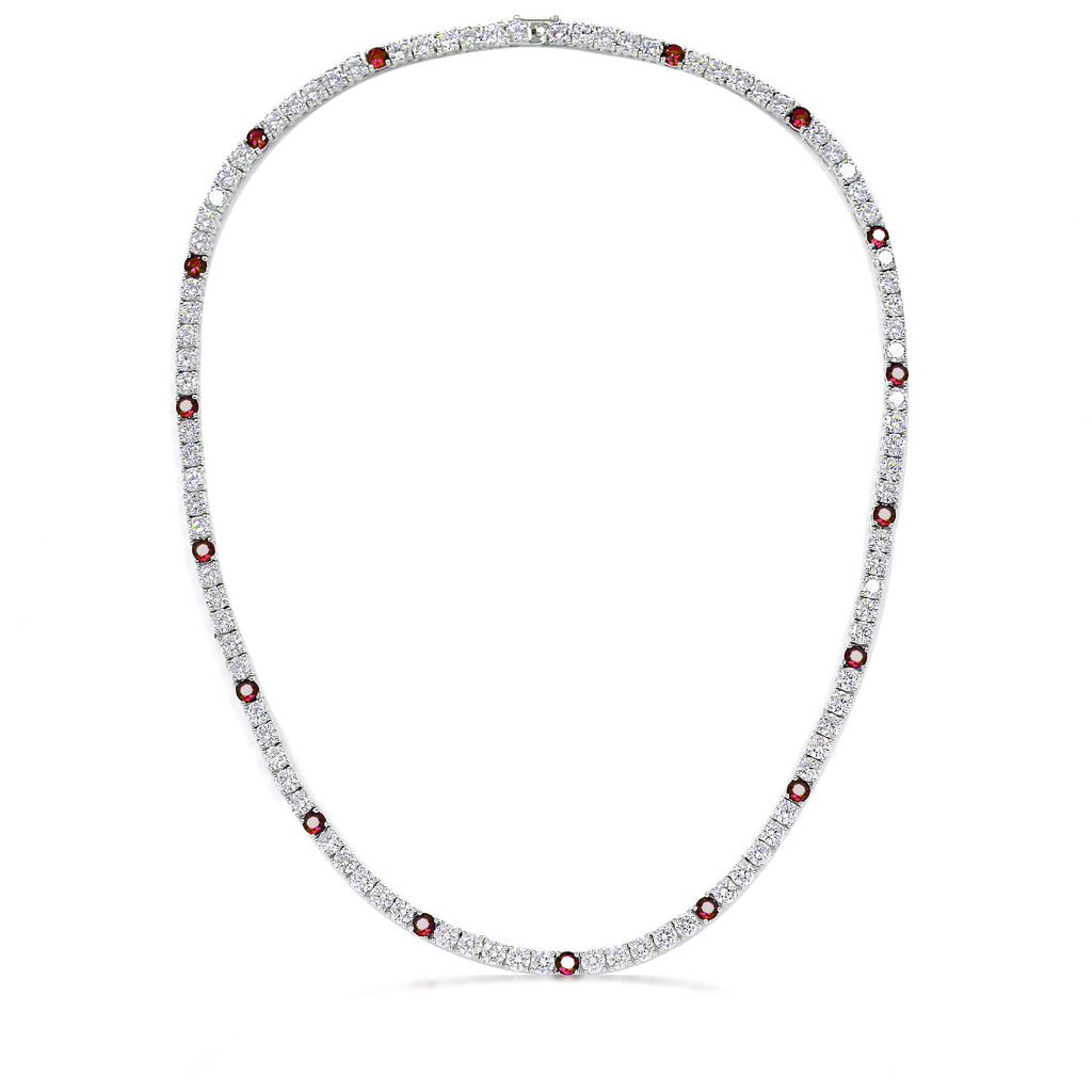 Tennis Necklace: Sparkling Red Color Stone Cubic Zirconia, 925 Sterling Silver