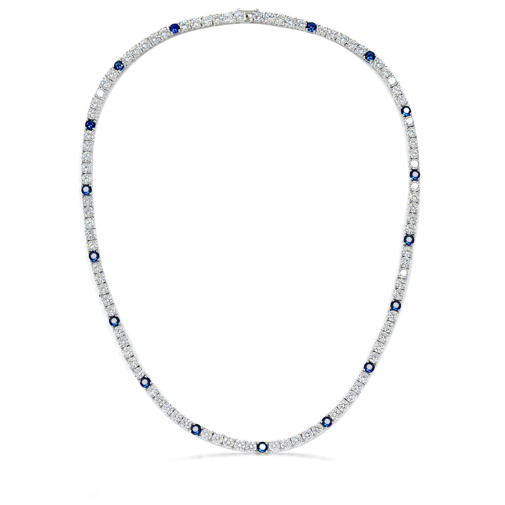 Tennis Necklace: Sparkling Blue Color Stone Cubic Zirconia, 925 Sterling