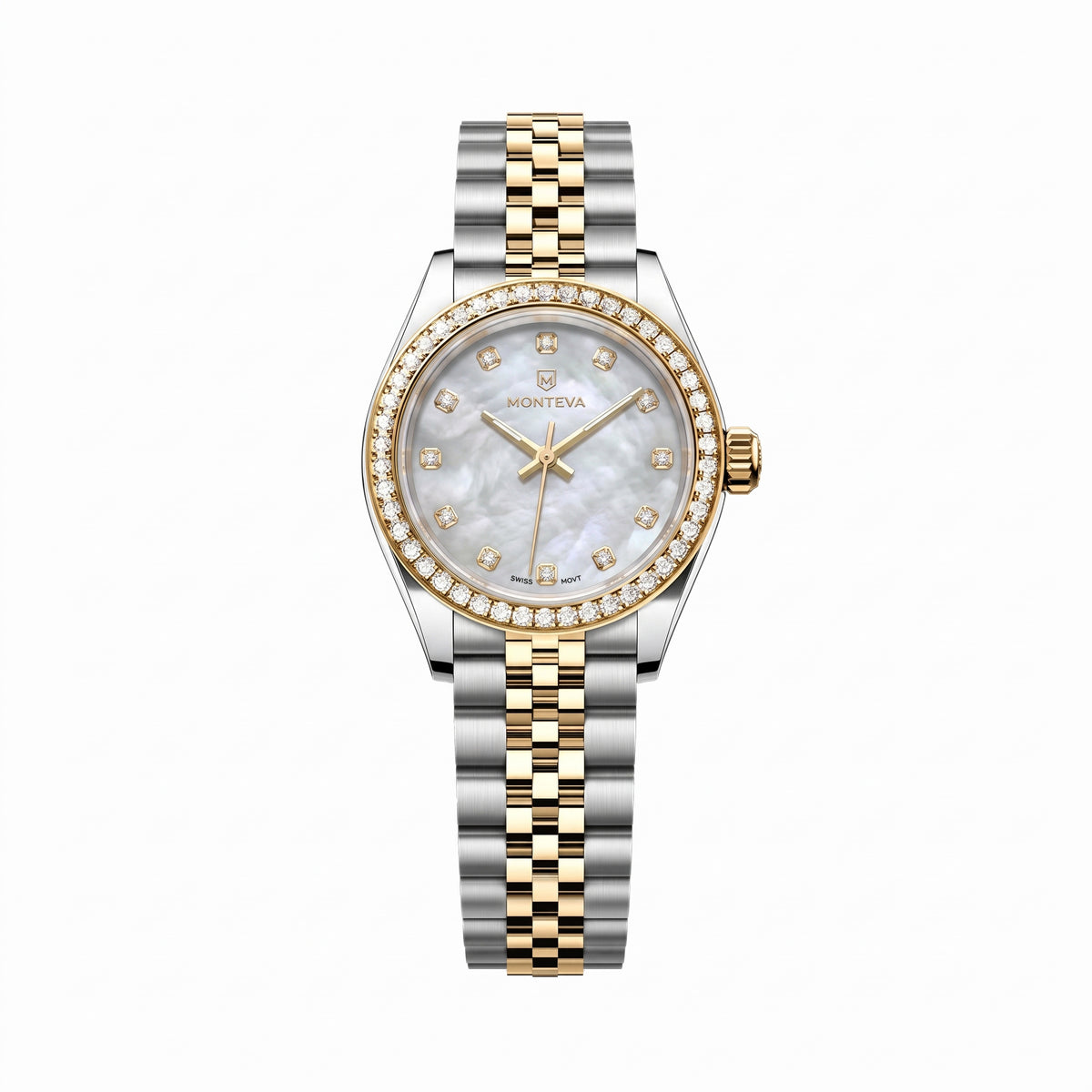 Noura Two-Tone Silver & 5-Micron Gold-Plated Bracelet White Mother-of-Pearl Dial Premium Zircon 27mm Women’s Swiss Quartz Watch by MONTEVA