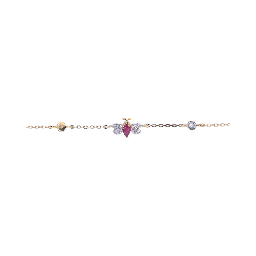 18K Gold Bee Diamond Bracelet with Ruby Detail