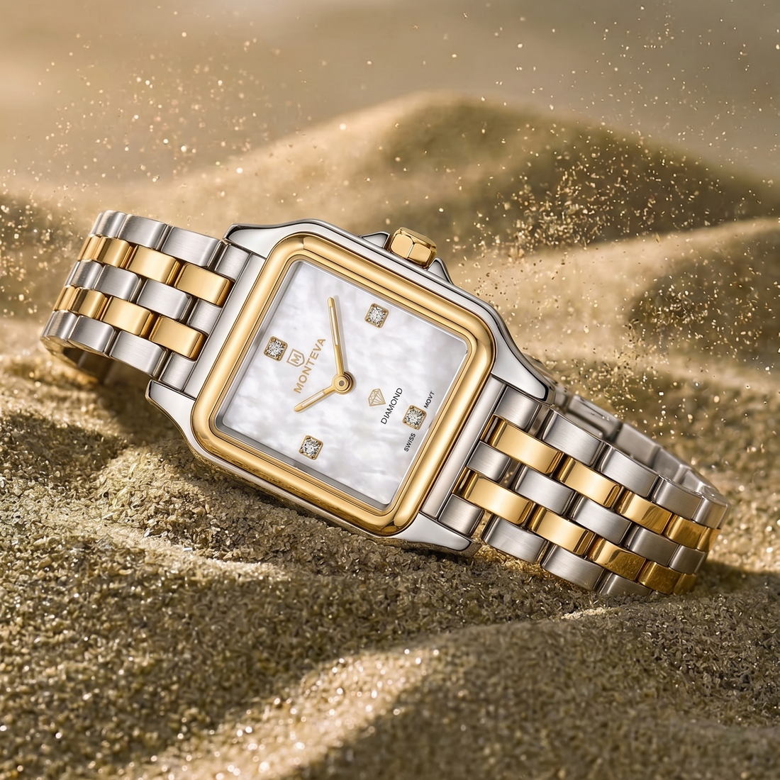Monteva Two-Tone Mother-of-Pearl Diamond Marker Square Watch