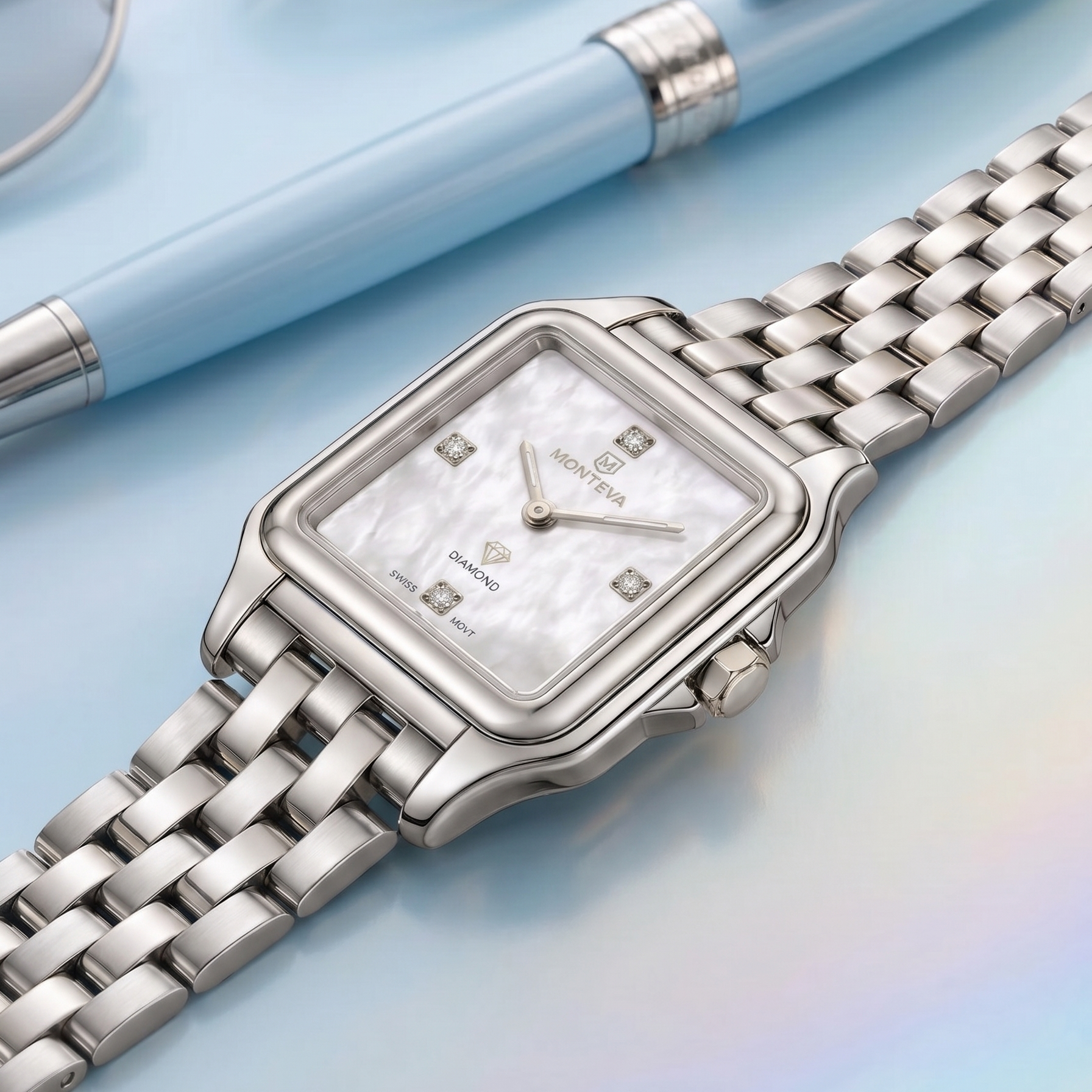 Monteva Unisex Silver Mother-of-Pearl Diamond Marker Square Watch