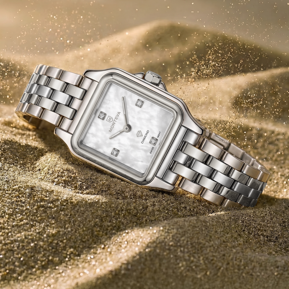 Monteva Unisex Silver Mother-of-Pearl Diamond Marker Square Watch