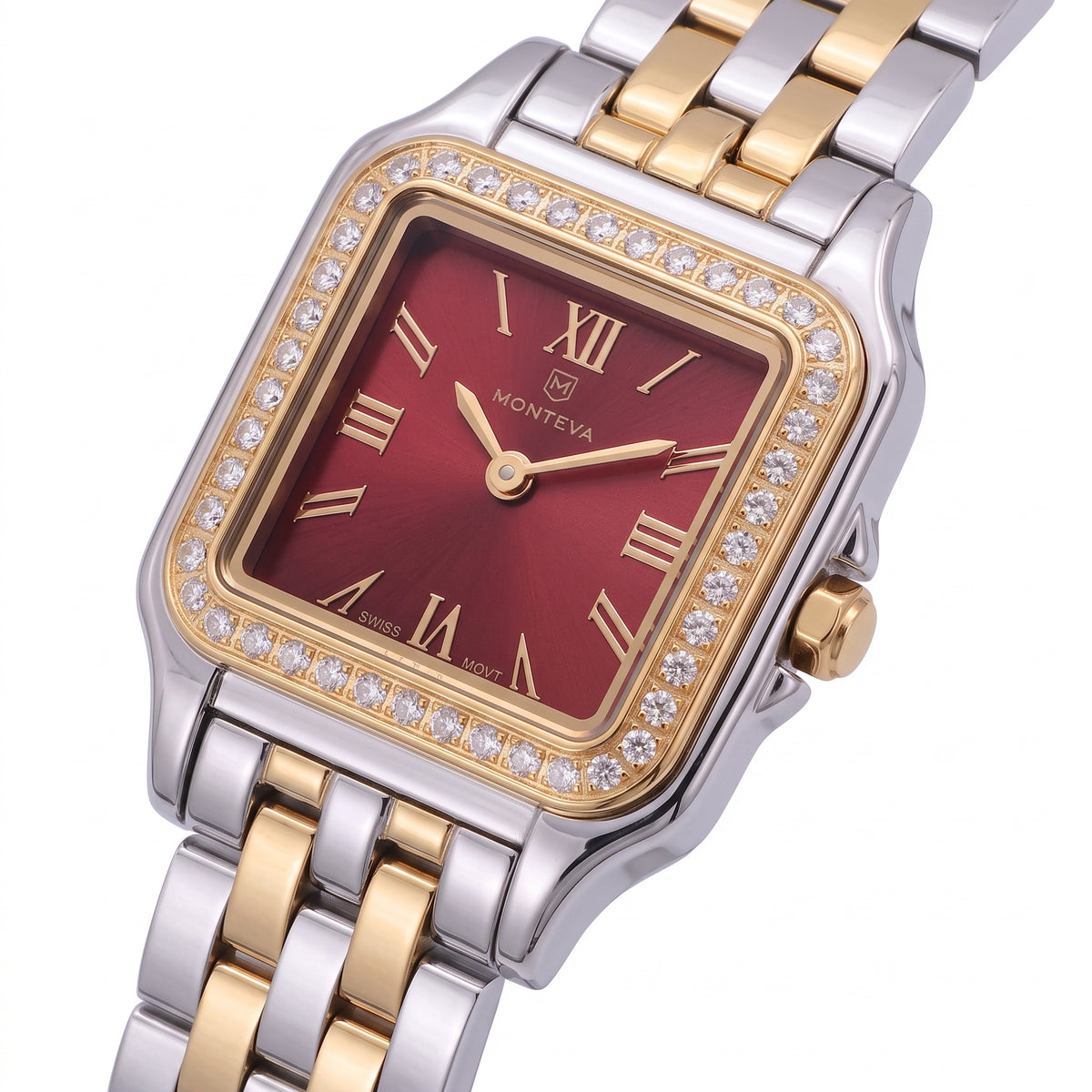 Layan Two-Tone Silver & 5-Micron Gold-Plated Bracelet Burgundy Dial Premium Zircon 22mm/26mm Women’s Swiss Quartz Watch by MONTEVA