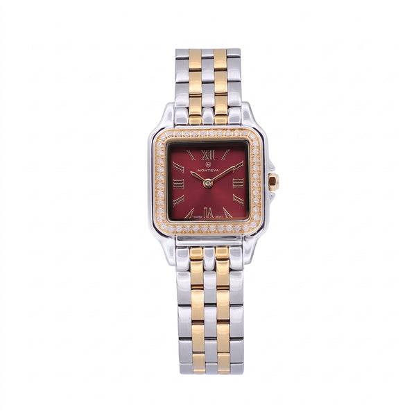 Layan Two-Tone Silver & 5-Micron Gold-Plated Bracelet Burgundy Dial Premium Zircon 22mm/26mm Women’s Swiss Quartz Watch by MONTEVA