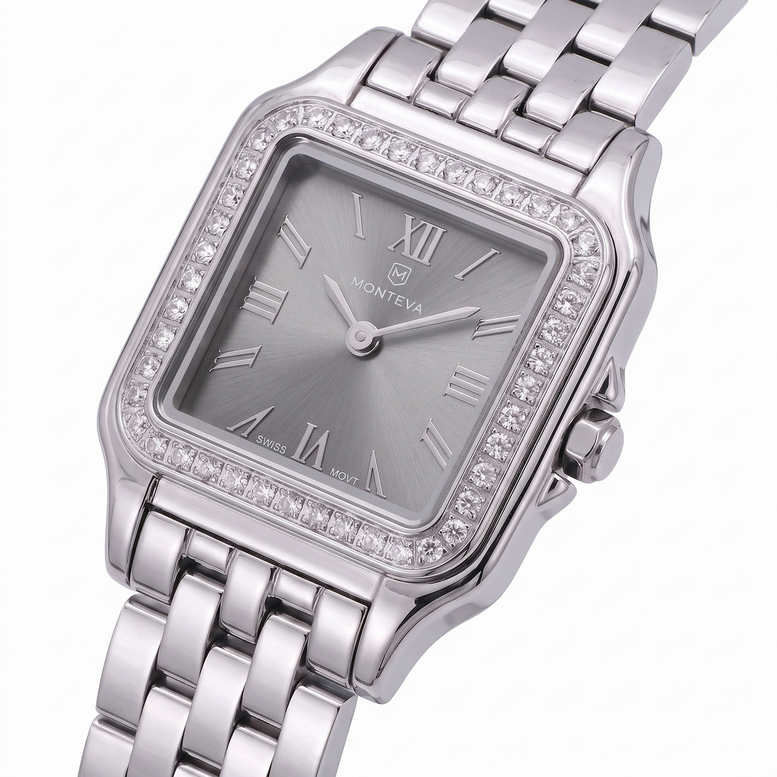 Layan Silver Stainless Steel Bracelet Charcoal-Grey Dial Premium Zircon 22mm/26mm Women’s Swiss Quartz Watch by MONTEVA