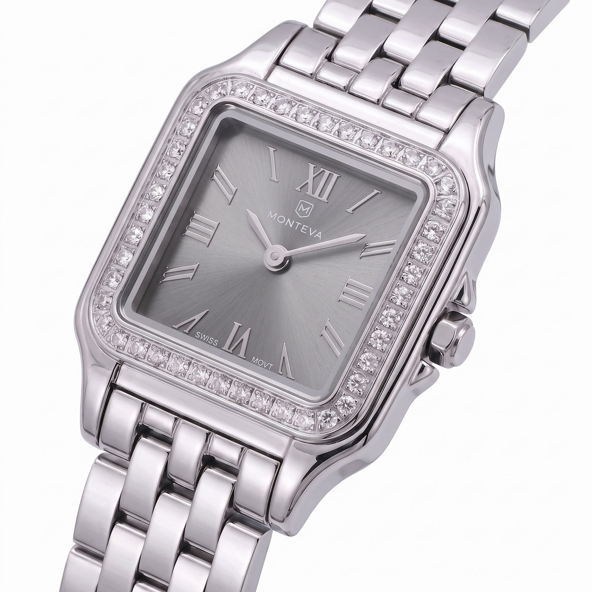 Layan Silver Stainless Steel Bracelet Charcoal-Grey Dial Premium Zircon 22mm/26mm Women’s Swiss Quartz Watch by MONTEVA
