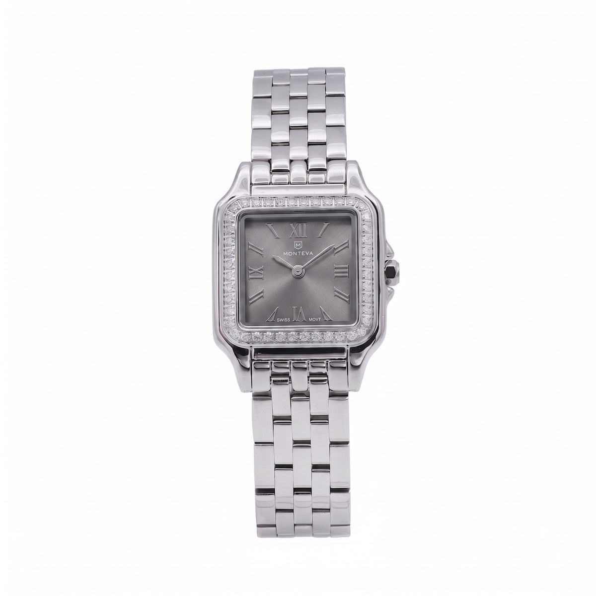 Layan Silver Stainless Steel Bracelet Charcoal-Grey Dial Premium Zircon 22mm/26mm Women’s Swiss Quartz Watch by MONTEVA