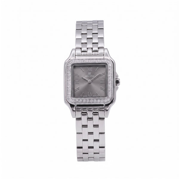 Layan Silver Stainless Steel Bracelet Charcoal-Grey Dial Premium Zircon 22mm/26mm Women’s Swiss Quartz Watch by MONTEVA