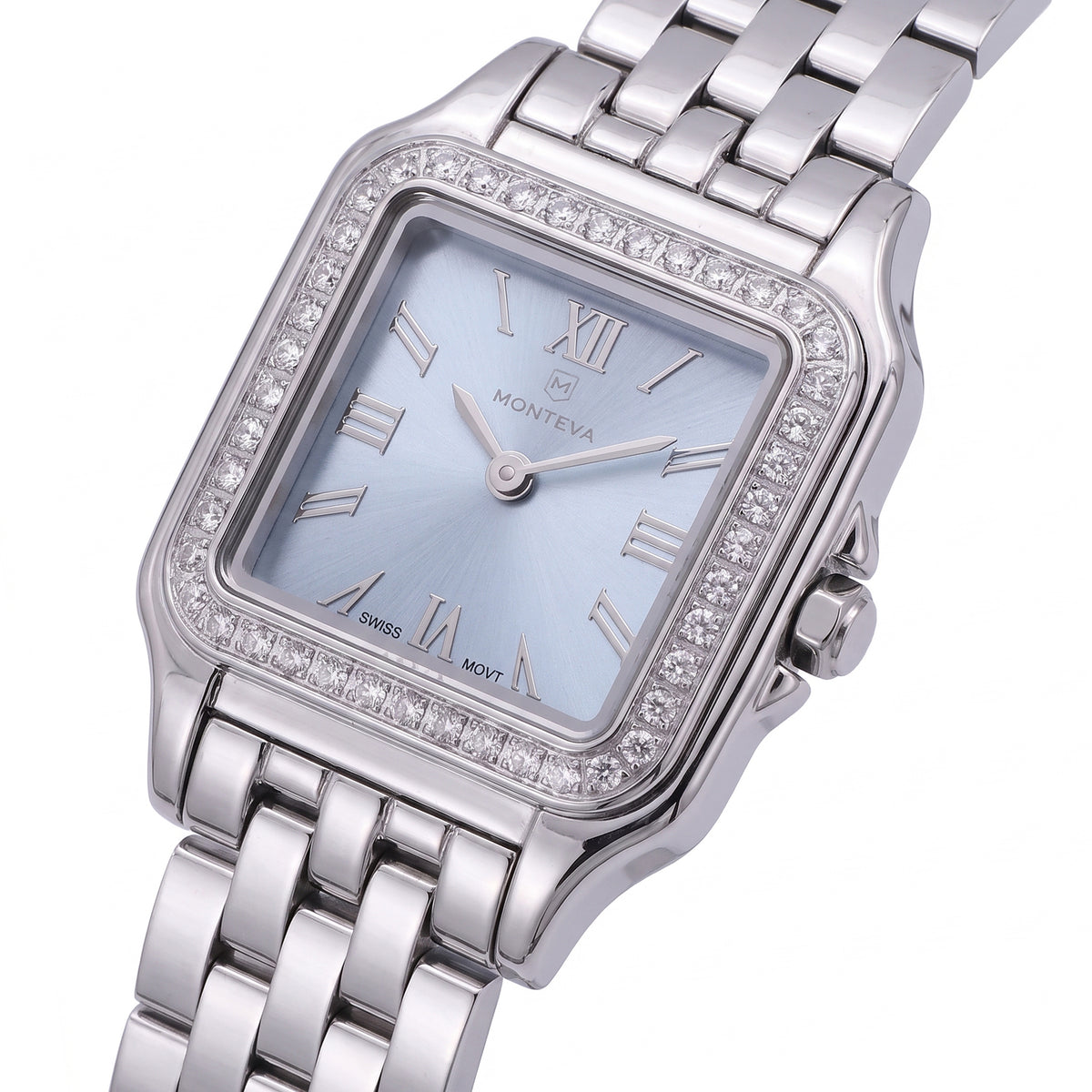 Layan Silver Stainless Steel Bracelet Ice-Blue Dial Premium Zircon 22mm/26mm Women’s Swiss Quartz Watch by MONTEVA