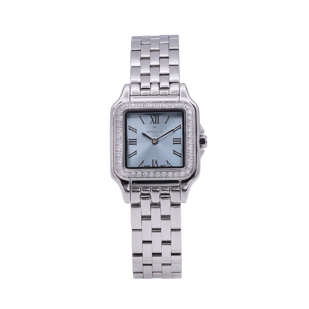 Layan Silver Stainless Steel Bracelet Ice-Blue Dial Premium Zircon 22mm/26mm Women’s Swiss Quartz Watch by MONTEVA
