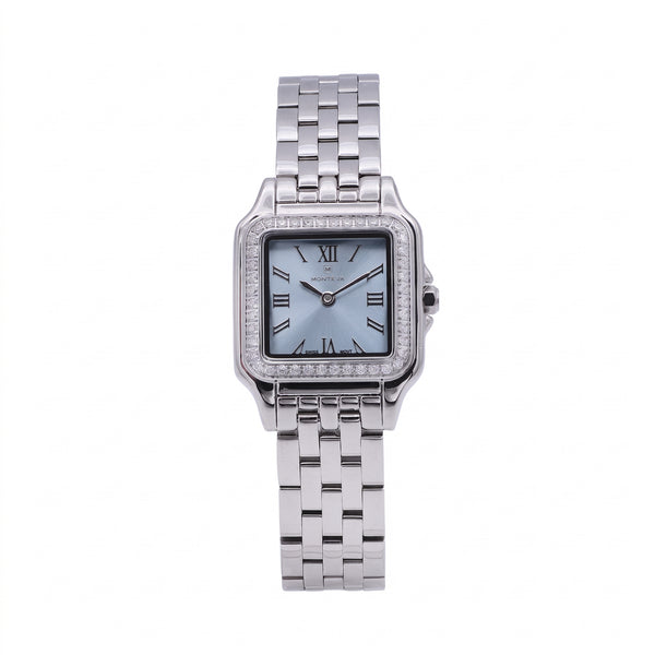 Layan Silver Stainless Steel Bracelet Ice-Blue Dial Premium Zircon 22mm/26mm Women’s Swiss Quartz Watch by MONTEVA