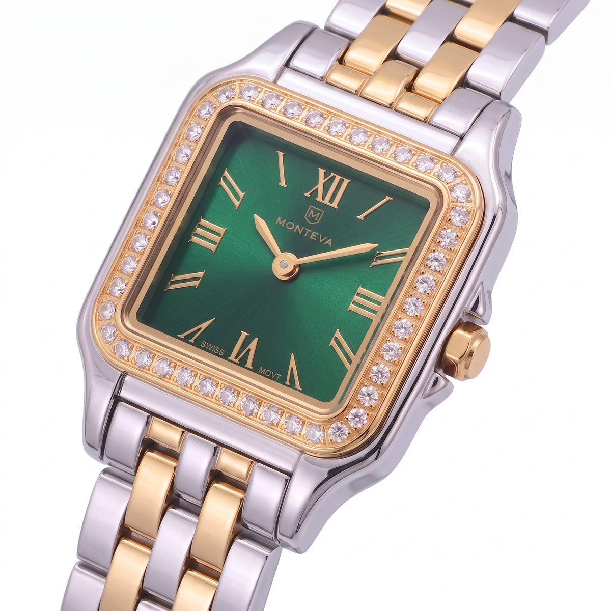 Layan Two-Tone Silver & 5-Micron Gold-Plated Bracelet Emerald Green Dial Premium Zircon 22mm/26mm Women’s Swiss Quartz Watch by MONTEVA