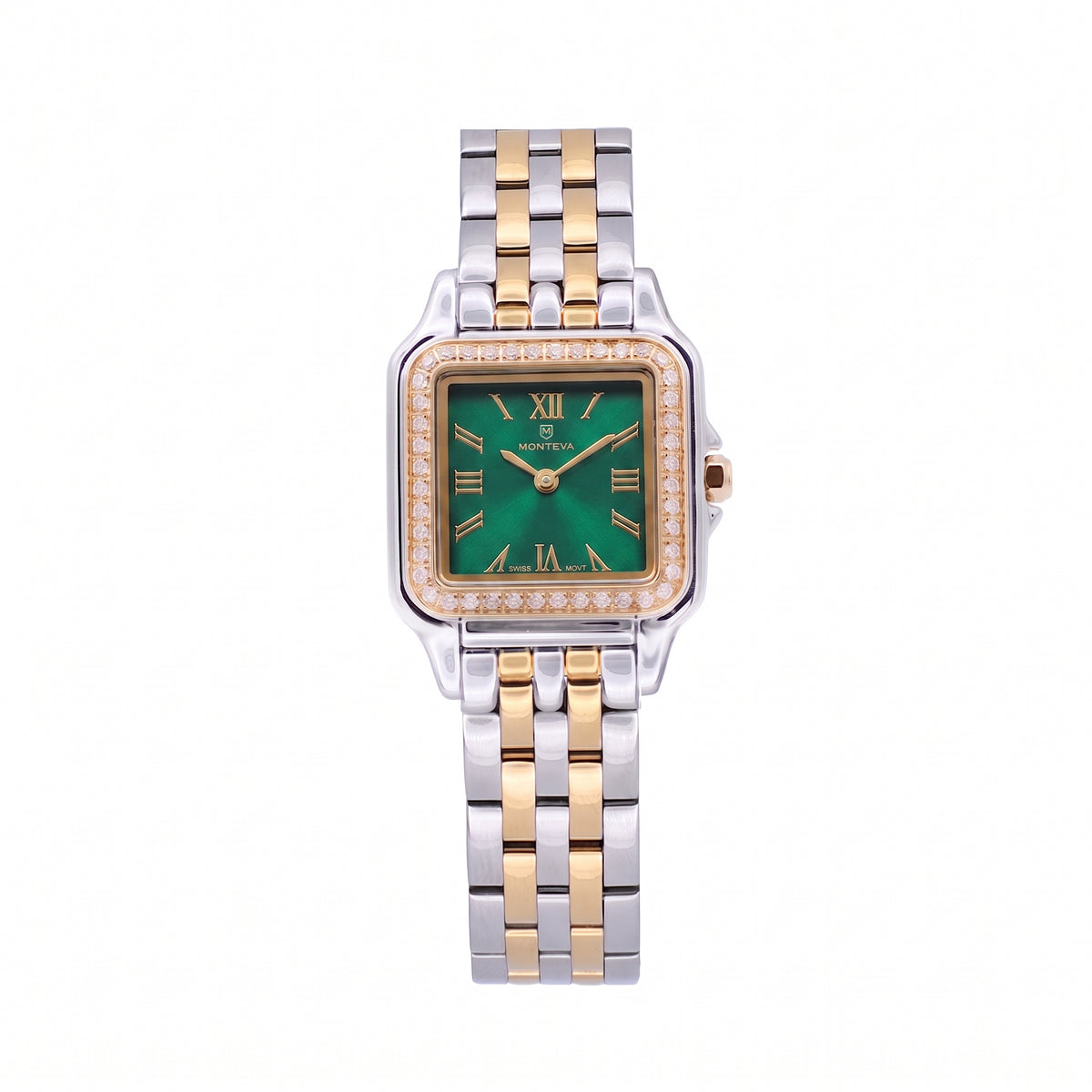 Layan Two-Tone Silver & 5-Micron Gold-Plated Bracelet Emerald Green Dial Premium Zircon 22mm/26mm Women’s Swiss Quartz Watch by MONTEVA