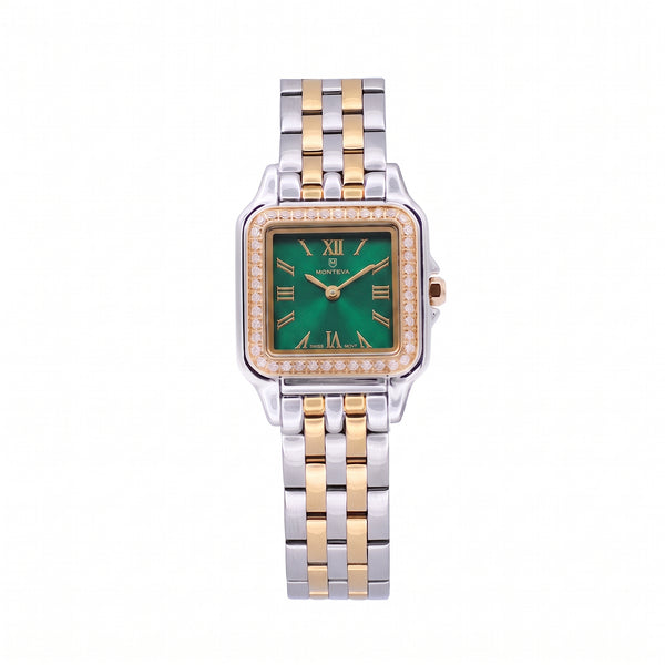 Layan Two-Tone Silver & 5-Micron Gold-Plated Bracelet Emerald Green Dial Premium Zircon 22mm/26mm Women’s Swiss Quartz Watch by MONTEVA