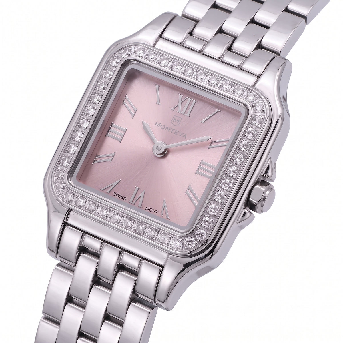 Layan Silver Stainless Steel Bracelet Pink Dial Premium Zircon 22mm/26mm Women’s Swiss Quartz Watch by MONTEVA