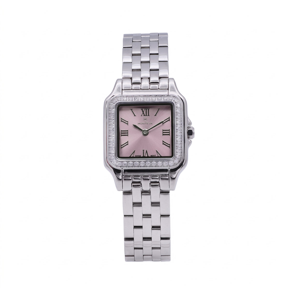 Layan Silver Stainless Steel Bracelet Pink Dial Premium Zircon 22mm/26mm Women’s Swiss Quartz Watch by MONTEVA