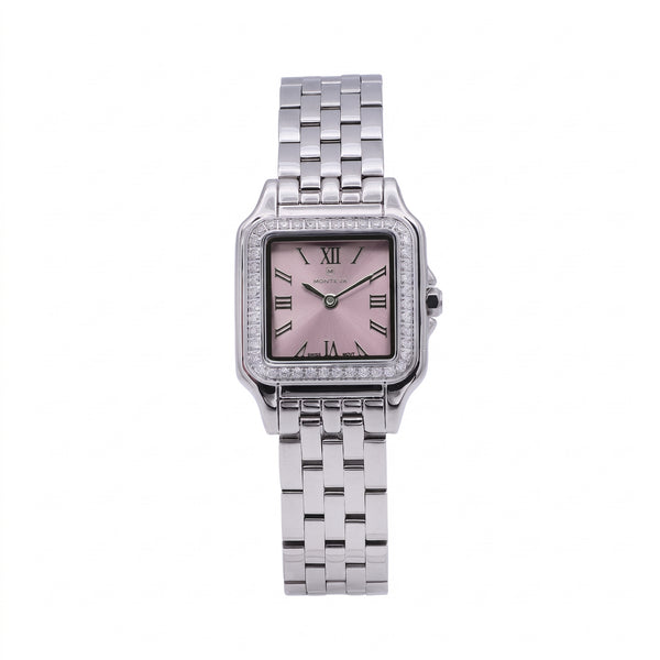 Layan Silver Stainless Steel Bracelet Pink Dial Premium Zircon 22mm/26mm Women’s Swiss Quartz Watch by MONTEVA