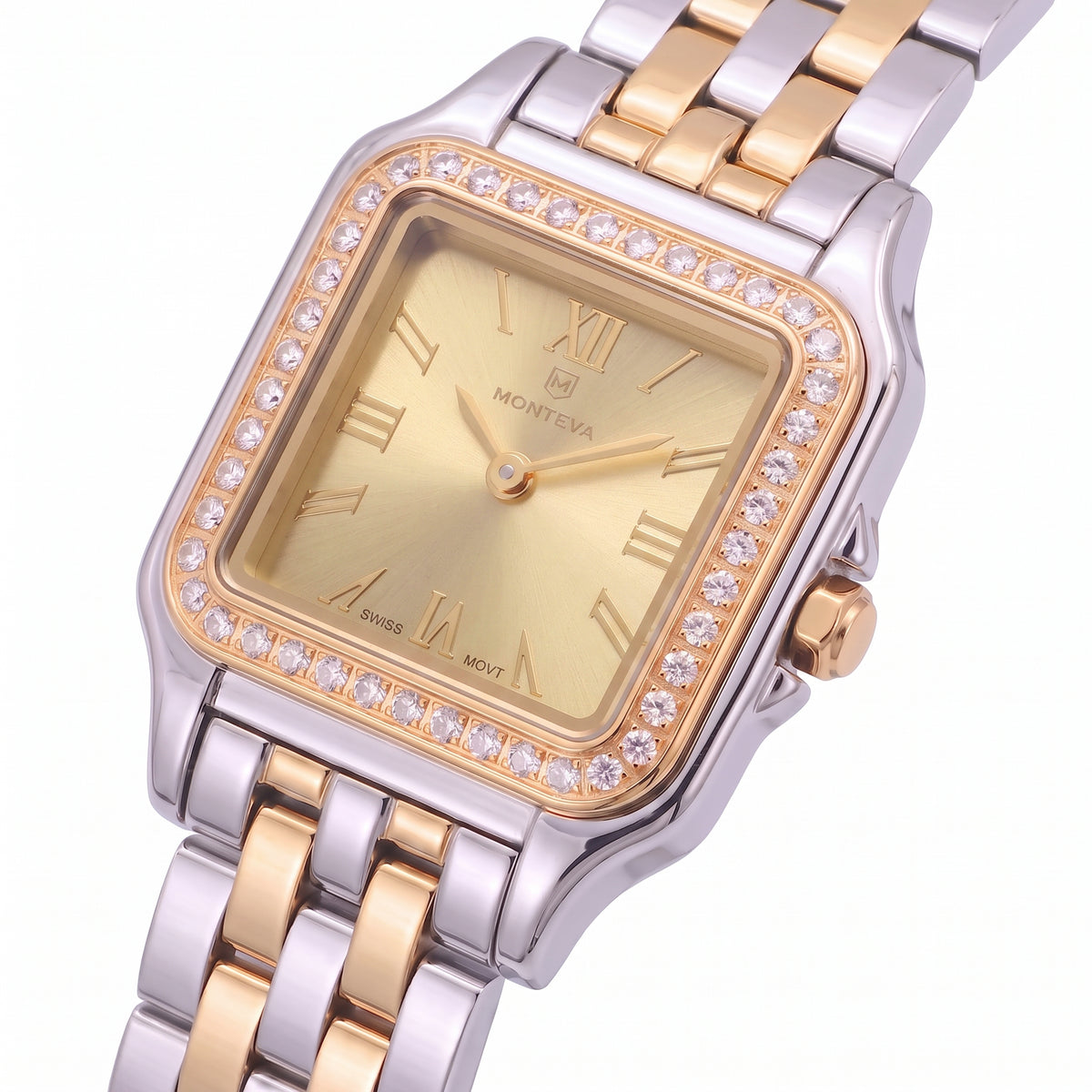 Layan Two-Tone Silver & 5-Micron Gold-Plated Bracelet Champagne Dial Premium Zircon 22mm/26mm Women’s Swiss Quartz Watch by MONTEVA