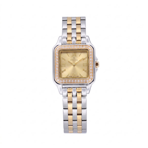 Layan Two-Tone Silver & 5-Micron Gold-Plated Bracelet Champagne Dial Premium Zircon 22mm/26mm Women’s Swiss Quartz Watch by MONTEVA