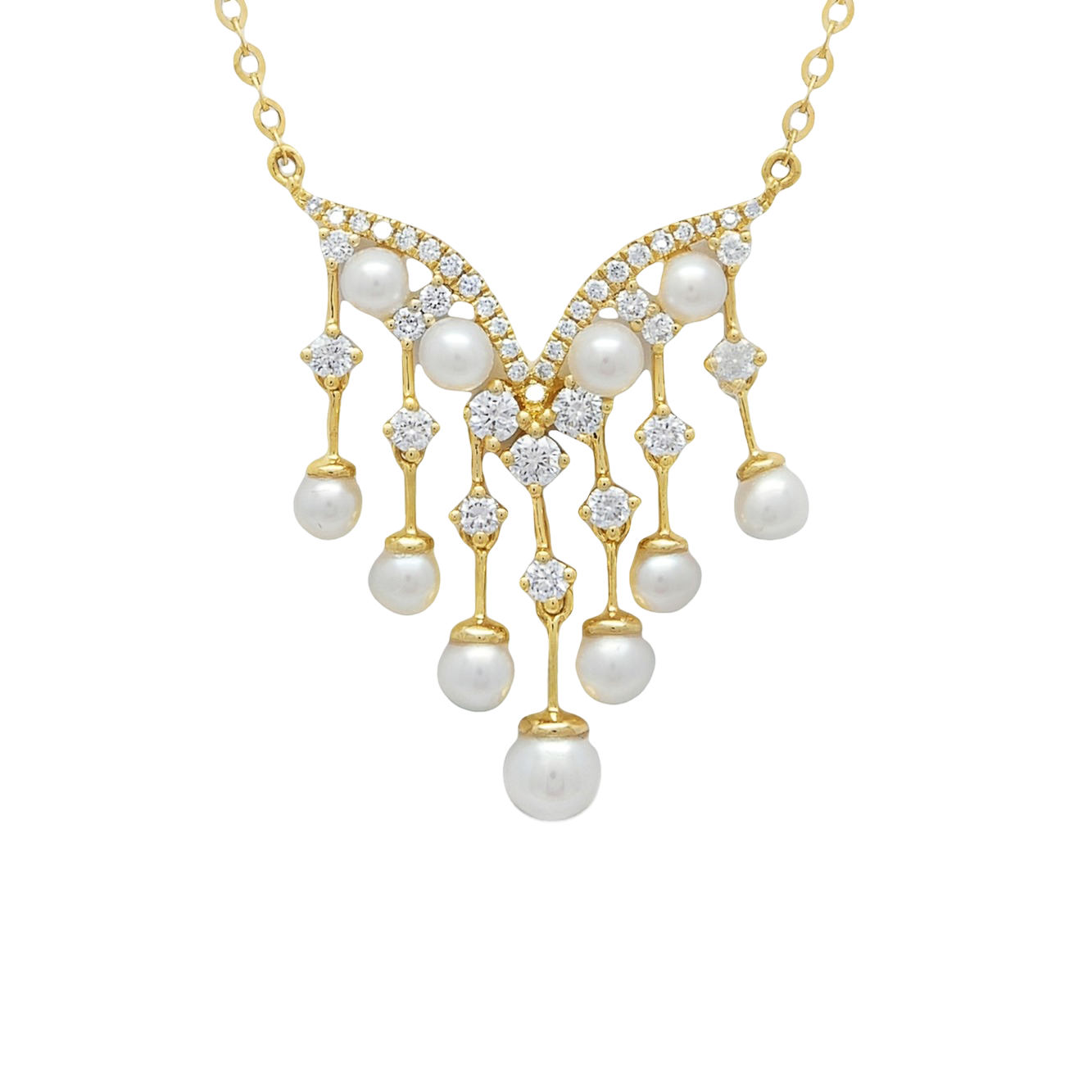 Modern 18K Yellow Gold Diamond & Pearl Necklace