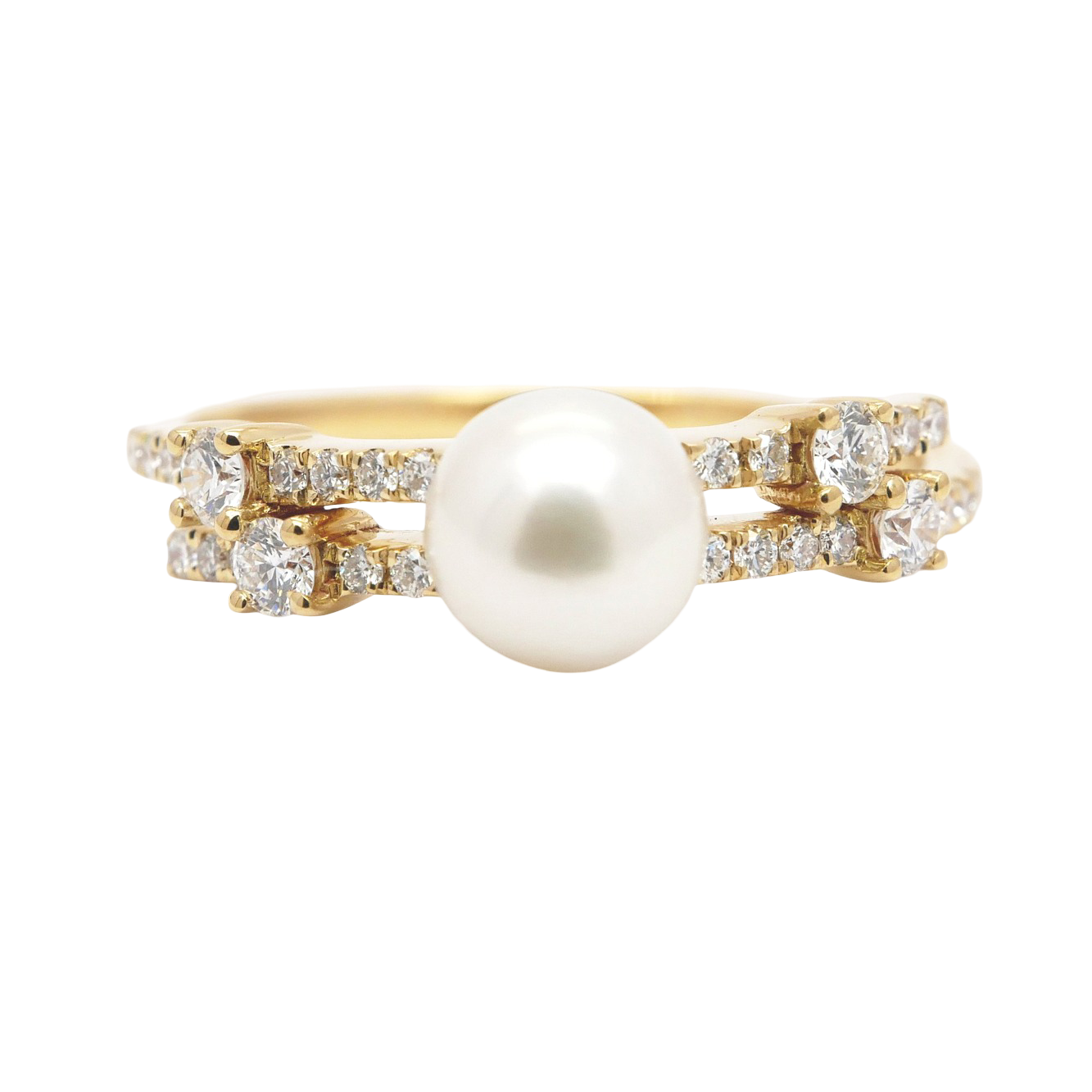Modern 18K Yellow Gold Diamond & Pearl Ring