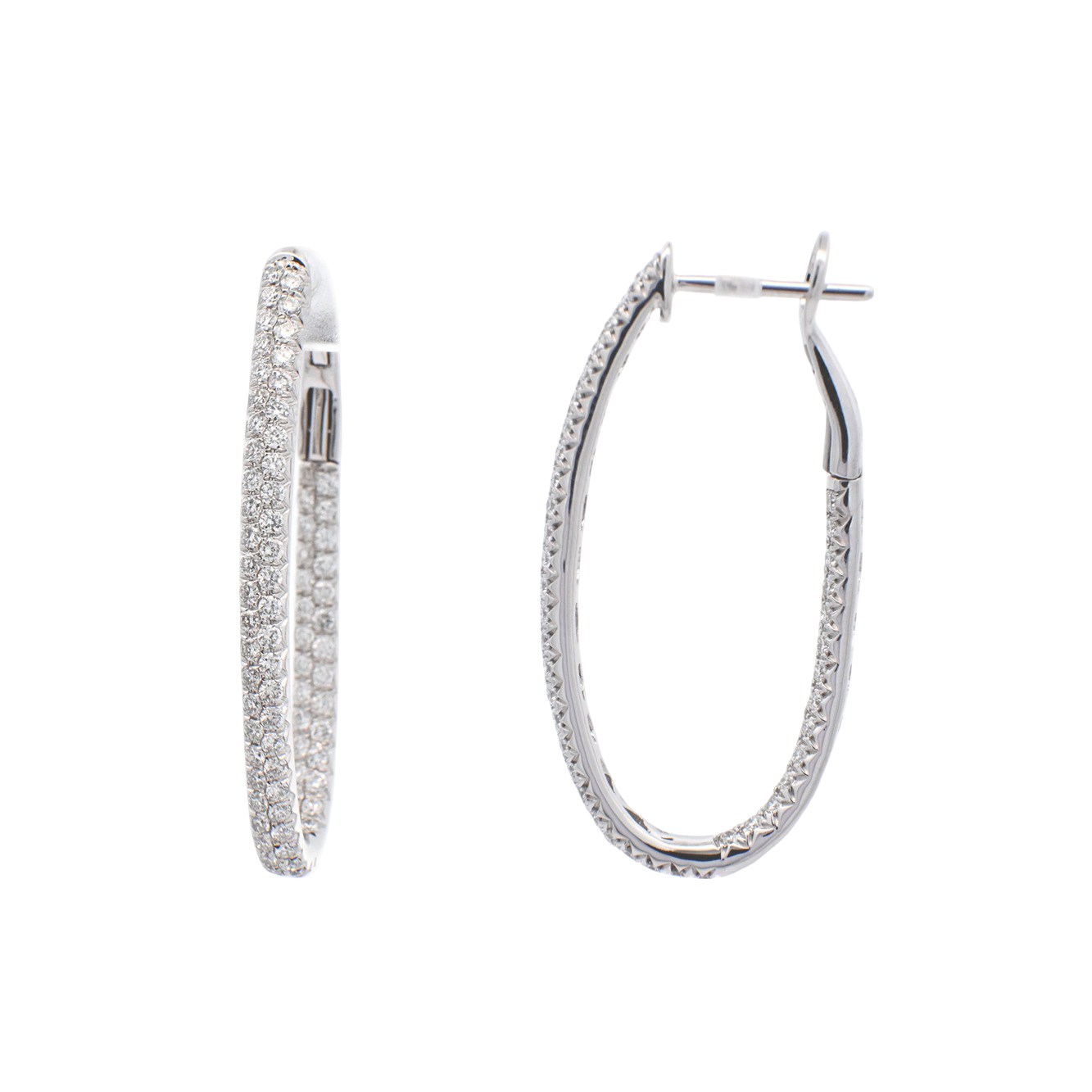 Modern 18K White Gold Diamond Oval Hoop Earrings