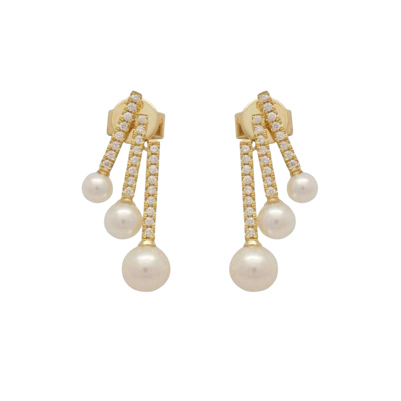 Modern 18K Yellow Gold Diamond & Pearl Drop Earrings