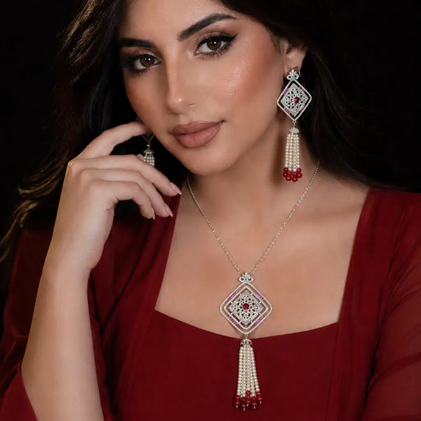 Ruby Pearl Royale Red Zircon Rhodium Plated Fancy Bridal Set