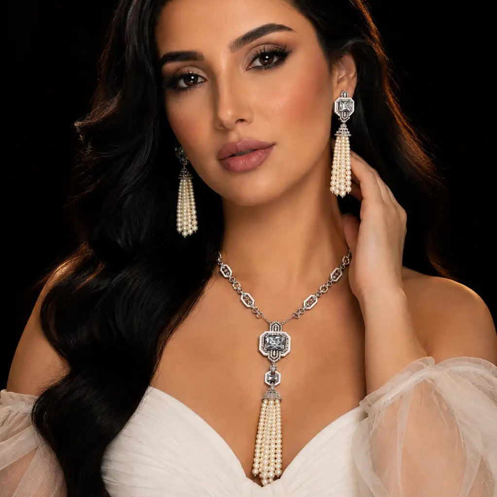 Regal Pearl Tassel White Zircon Rhodium Plated Fancy Bridal Set
