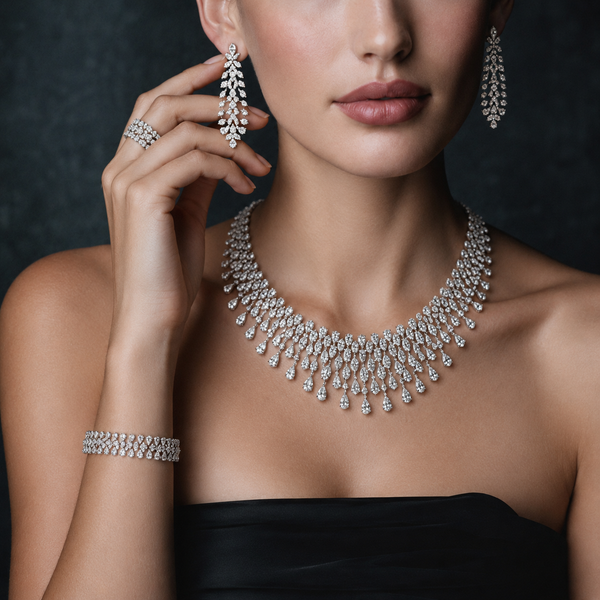 Imperial Dewdrop White Zircon Rhodium Plated Fancy Bridal Full Set