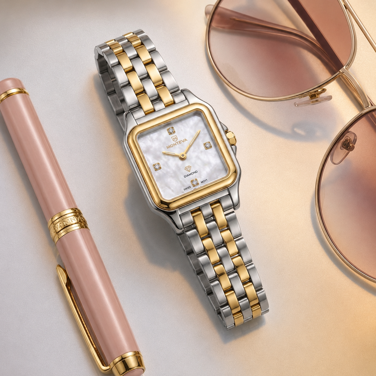 Monteva Two-Tone Mother-of-Pearl Diamond Marker Square Watch