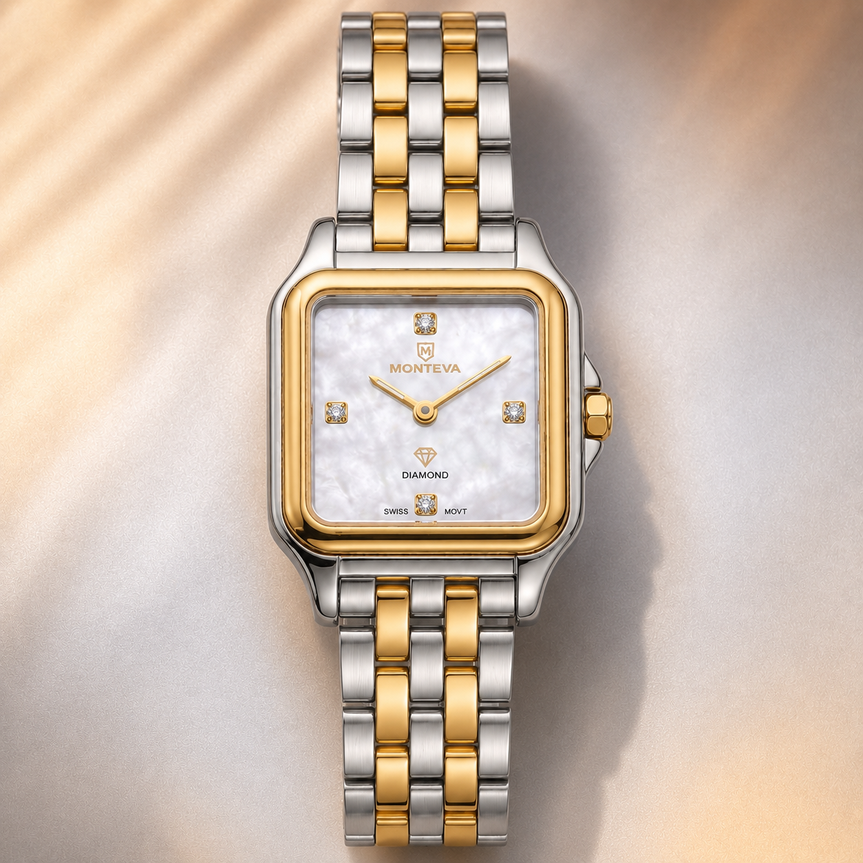 Monteva Two-Tone Mother-of-Pearl Diamond Marker Square Watch
