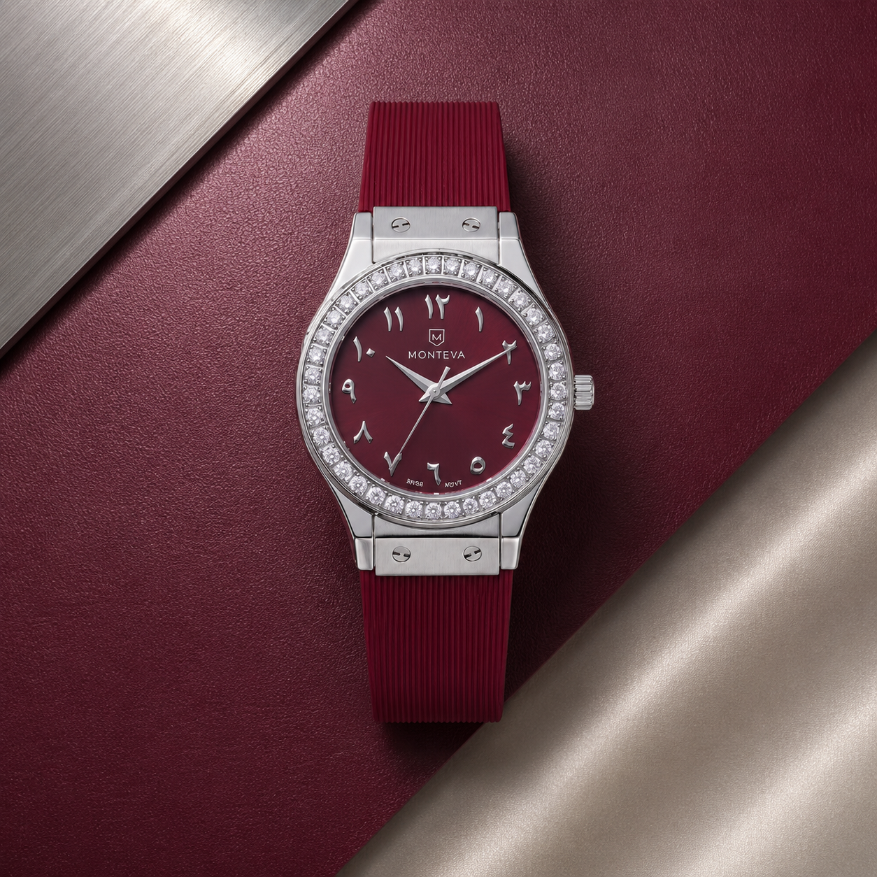 Monteva Women’s Burgundy Dial Zircon Bezel Arabic Numeral Watch