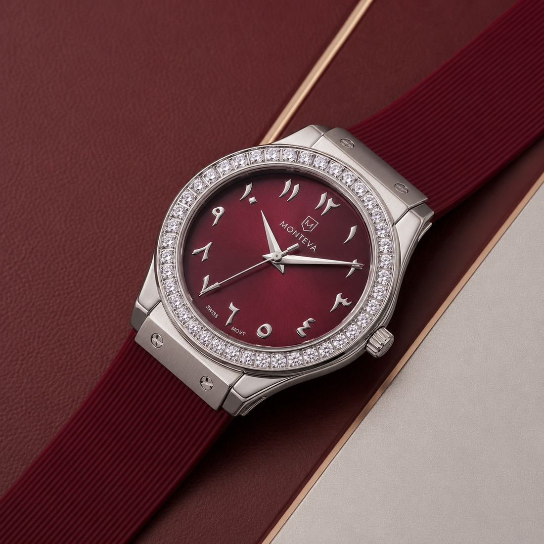 Monteva Women’s Burgundy Dial Zircon Bezel Arabic Numeral Watch