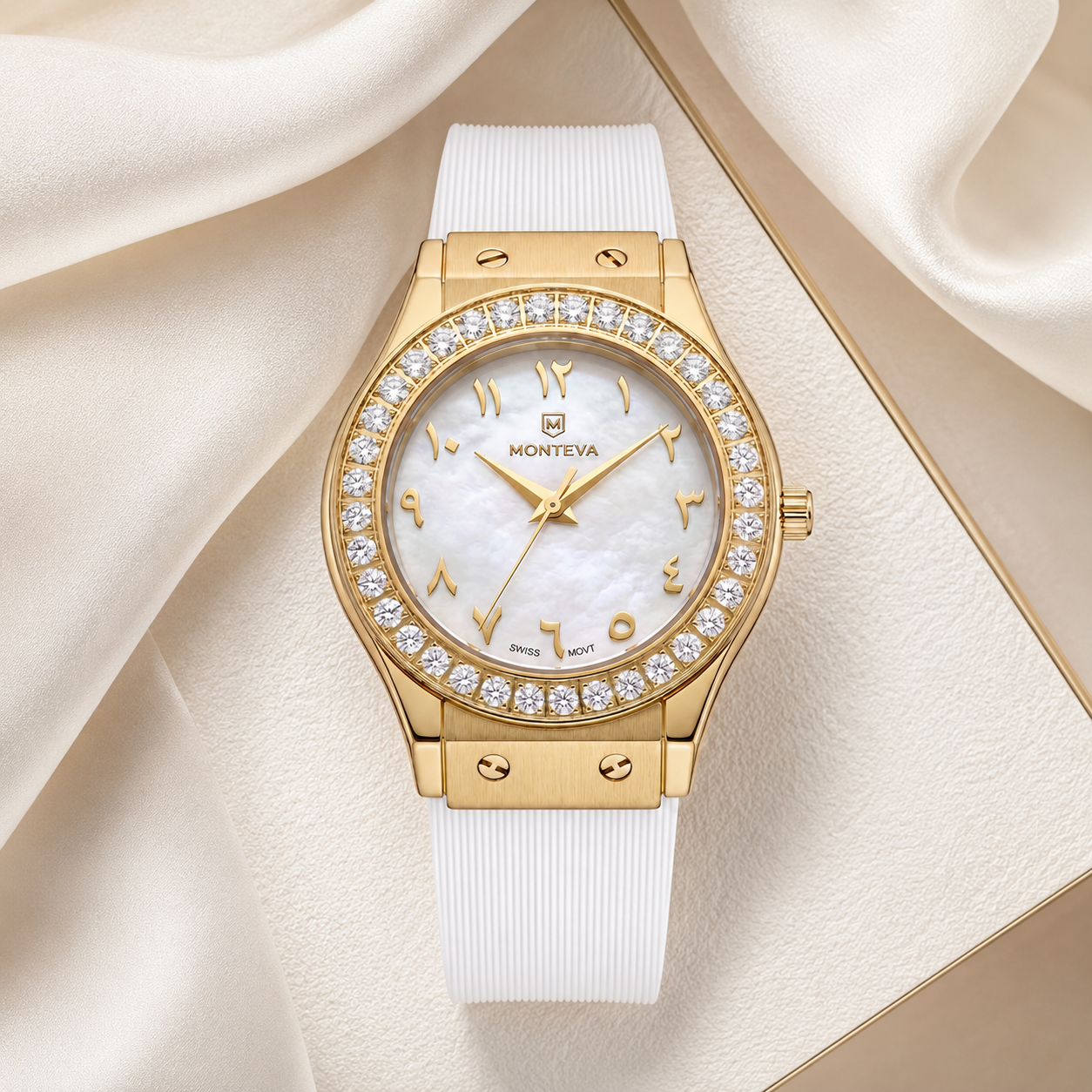 Monteva Women’s White Dial Gold Plated Zircon Bezel Watch