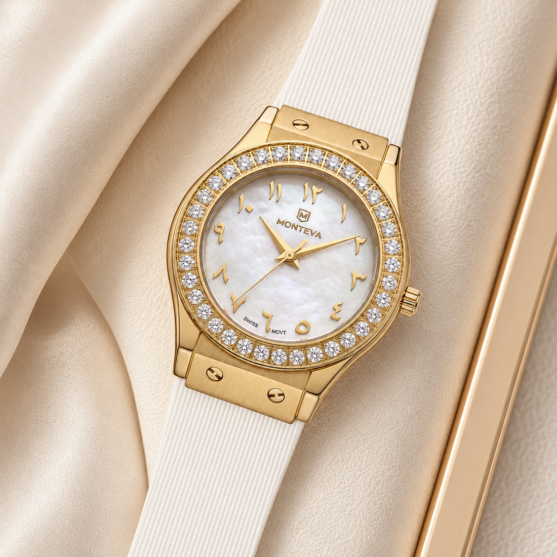 Monteva Women’s White Dial Gold Plated Zircon Bezel Watch