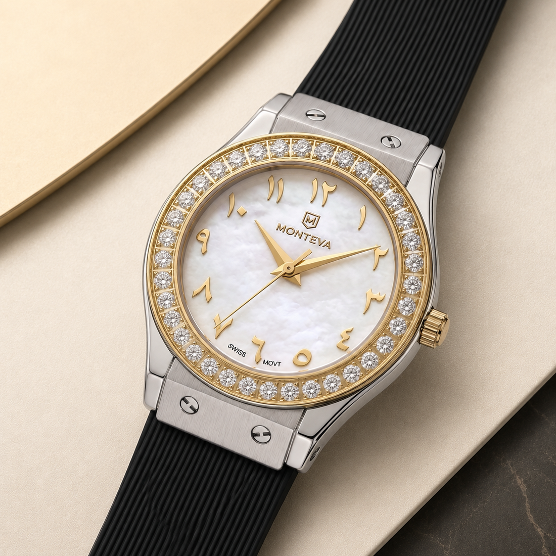 Monteva Women’s White Dial Zircon Bezel Arabic Numeral Watch