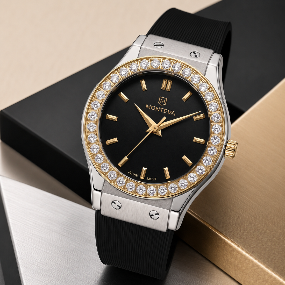 Monteva Women’s Black Dial Zircon Bezel Marker Watch