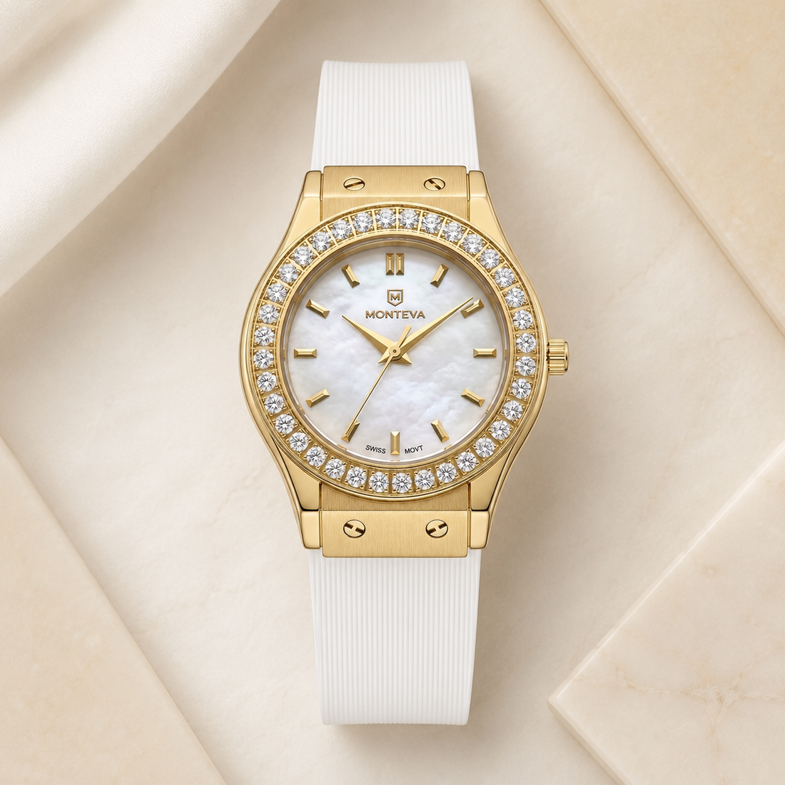 Monteva Women’s White Dial Gold Plated Zircon Bezel Marker Watch