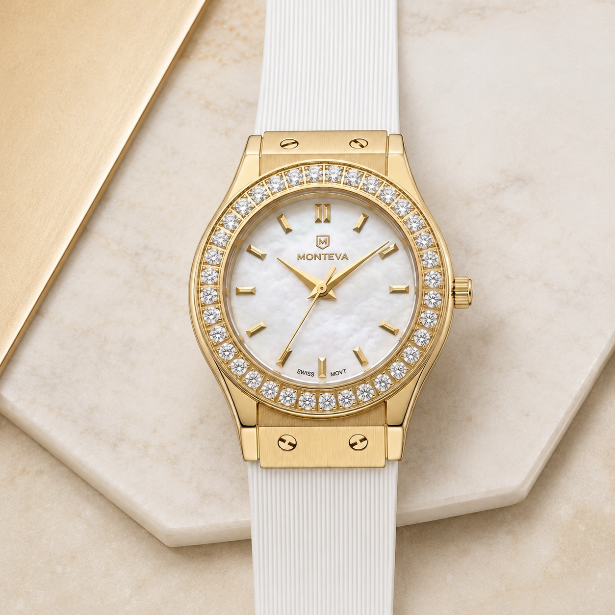 Monteva Women’s White Dial Gold Plated Zircon Bezel Marker Watch
