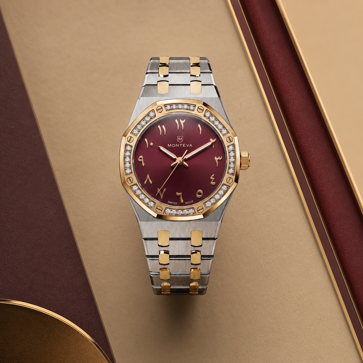 Monteva Women’s Burgundy Dial Two-Tone Zircon Bezel Arabic Numeral Watch