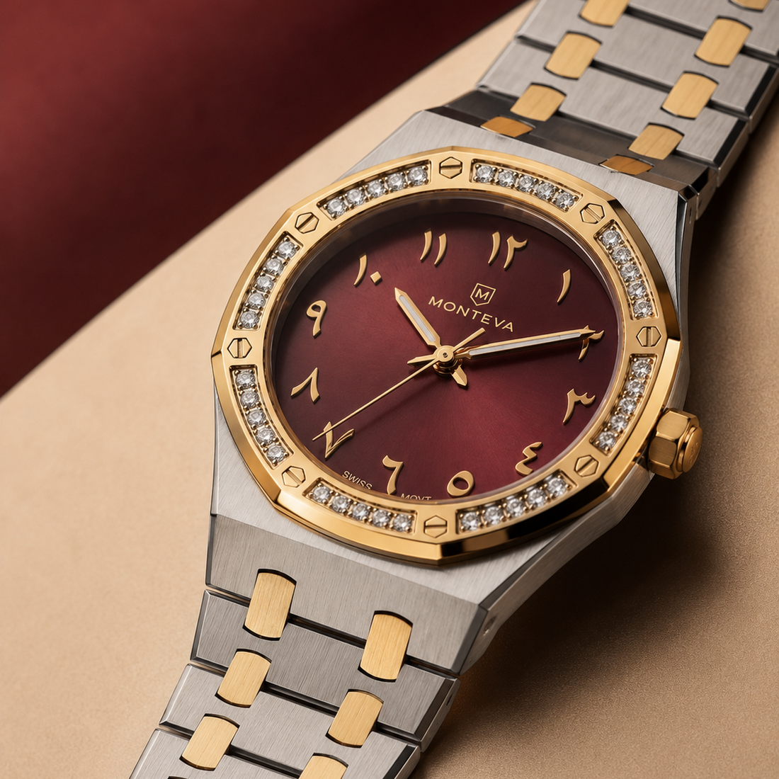 Monteva Women’s Burgundy Dial Two-Tone Zircon Bezel Arabic Numeral Watch