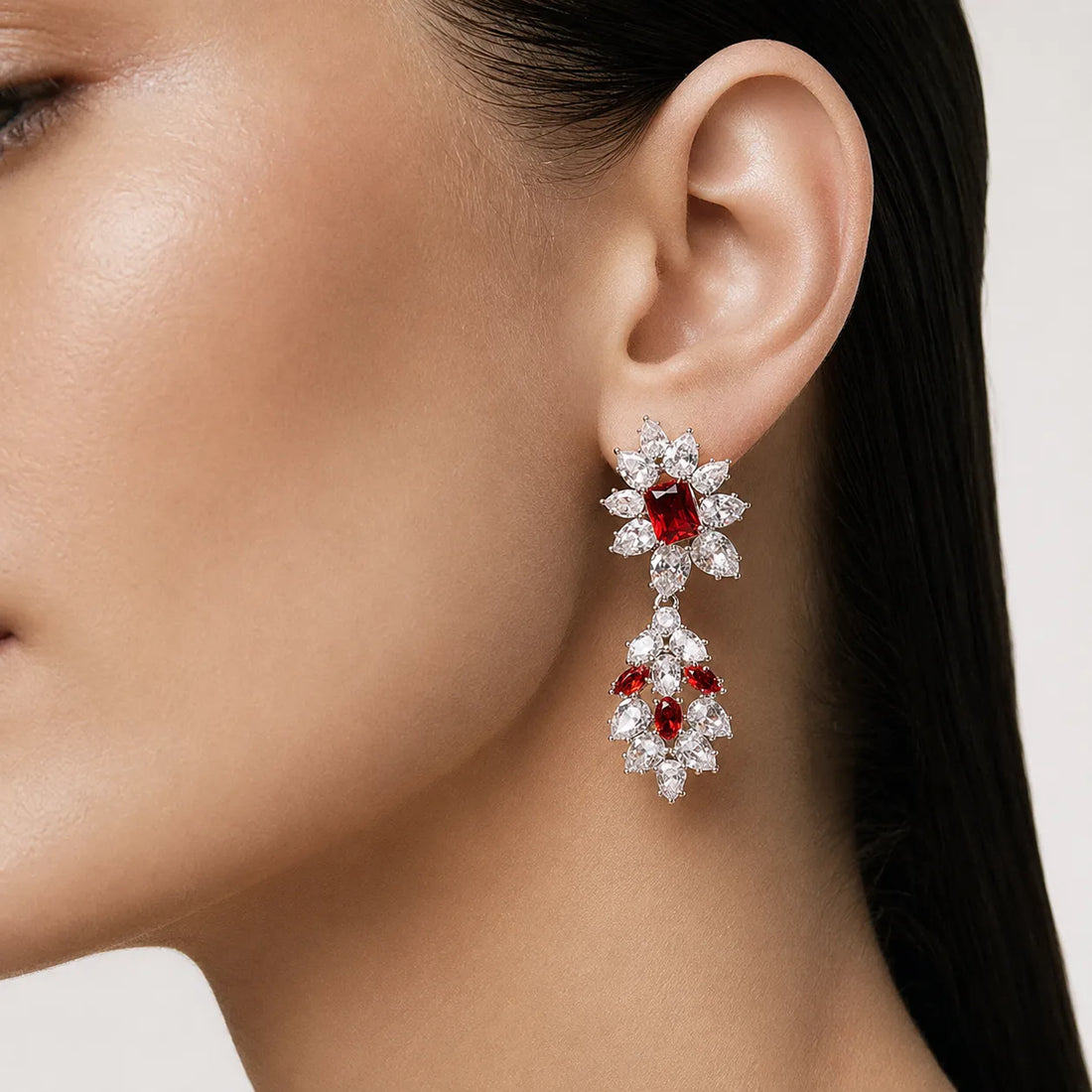 Ruby Flame Floral Zircon Drop Earrings